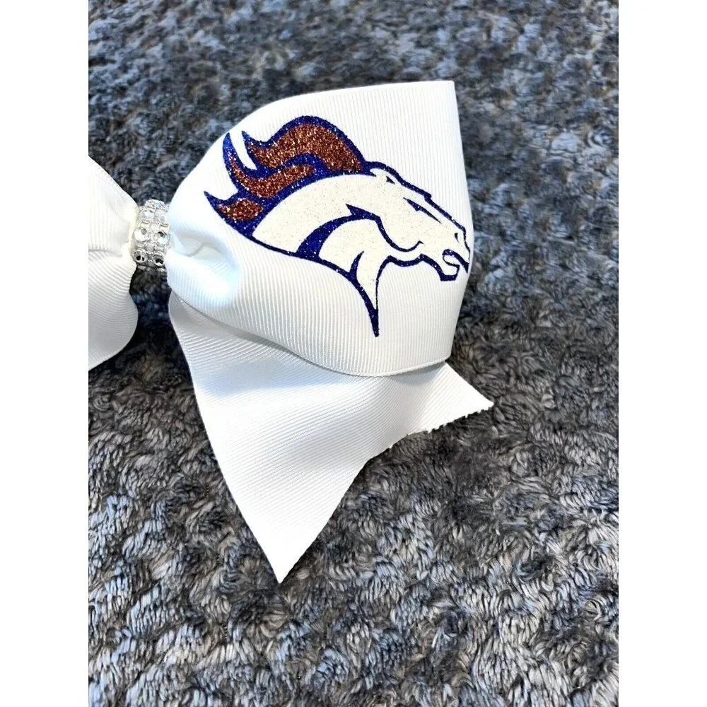 DENVER BRONCOS White Logo Crystals Hair Bow Football